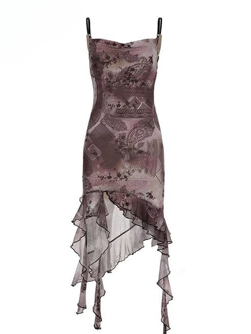 Design Print Millard Fashion Asymmetrischer Saum Lila + Kleid Cami