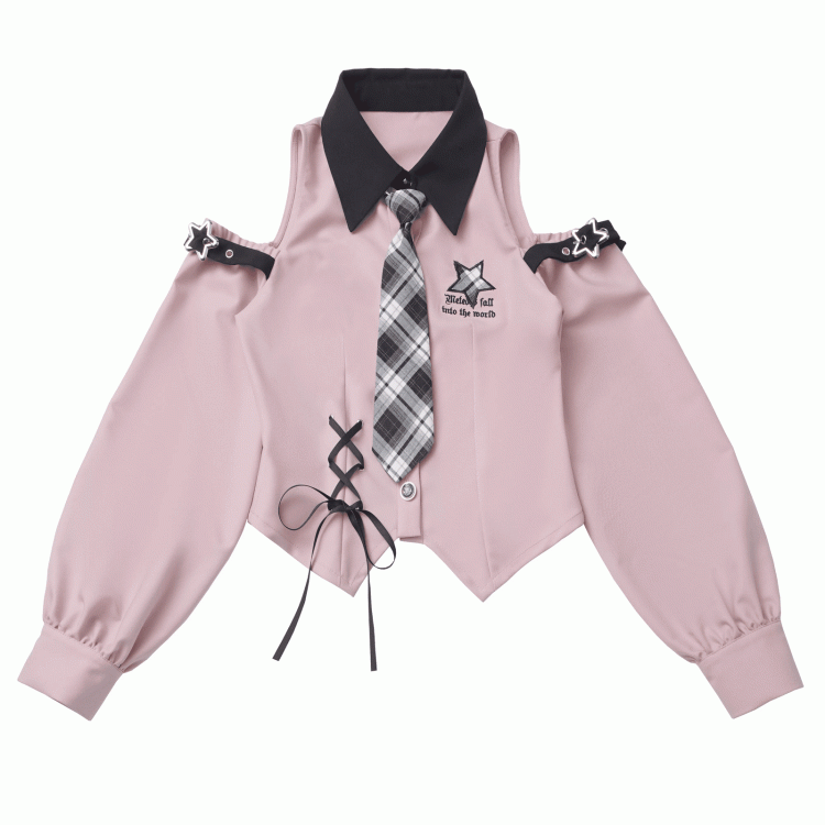 Top: with Idol Bittersweet Open Buckles Star Shirt Pink Punk Shoulder Core Fashion