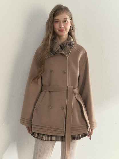 Waist Checked Khaki Double-breasted Vintage and with Wool Belted Coat Collar