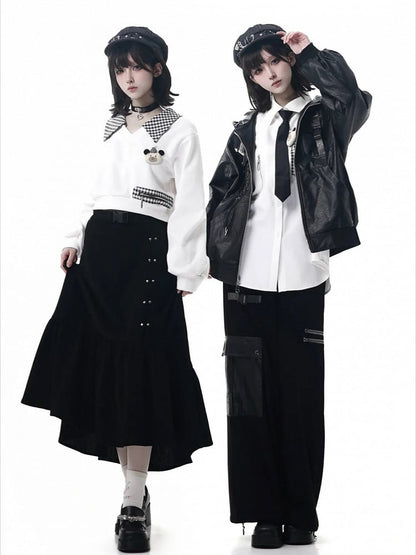 with PU Strap Techwear Lining Snap Hooded Regular/Fleece Black Motorcycle Version Jacket