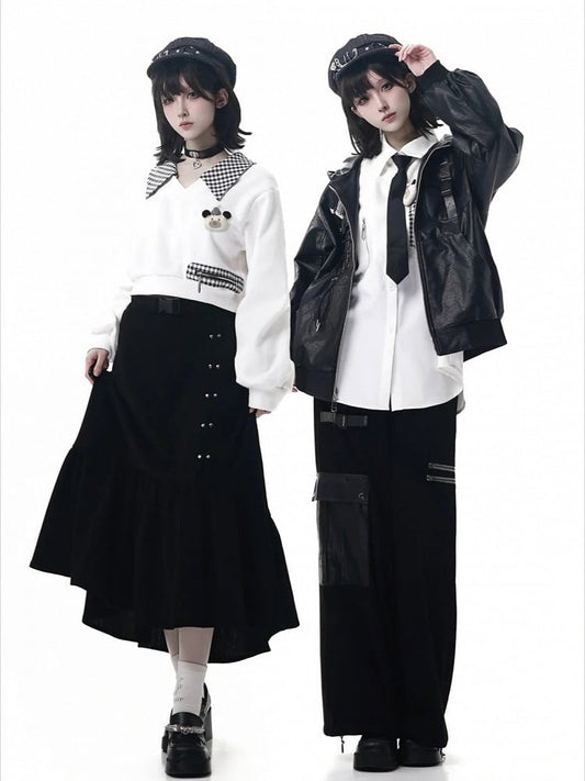 with PU Strap Techwear Lining Snap Hooded Regular/Fleece Black Motorcycle Version Jacket