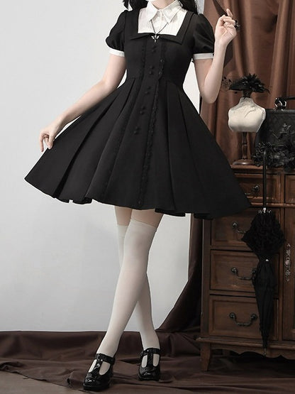 Two-pieces OP Lolita Black Dress Sleeves Design White Short Fake