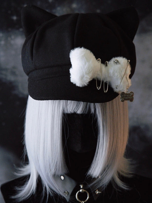 Gothic Decorated Bone Black Plush Pin Ear Hat Beret Design Cat