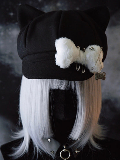 Gothic Decorated Bone Black Plush Pin Ear Hat Beret Design Cat