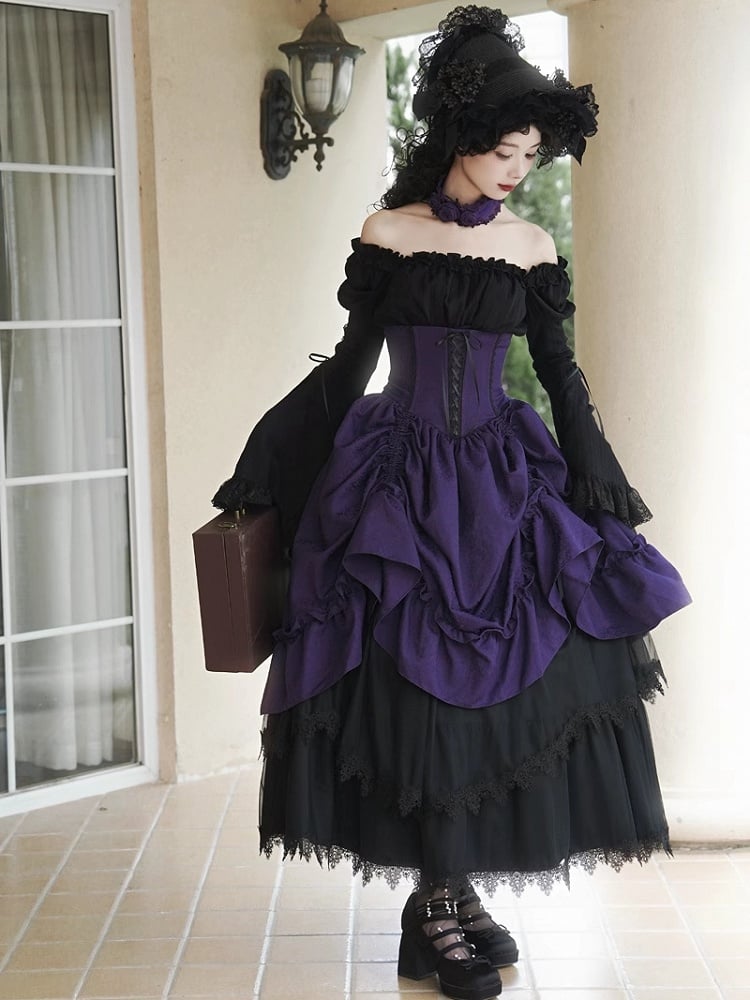 Waist Drawstring Purple Bust Gothic Boned Skirt High Lolita Under