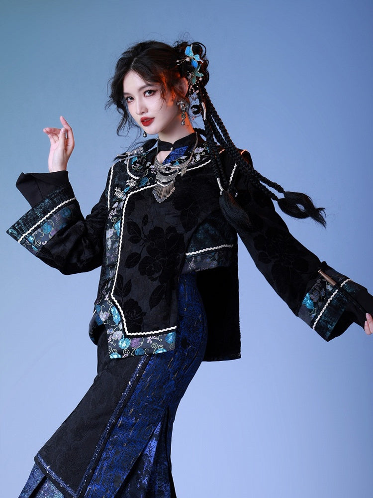 Chinese Style Long Bell Sleeve Top with Floral Embroidery - sijinstudio