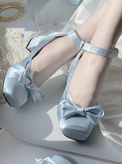Buckle Ankle With Blue Bow Dual Straps Detachable Top Mary Janes at Elegant