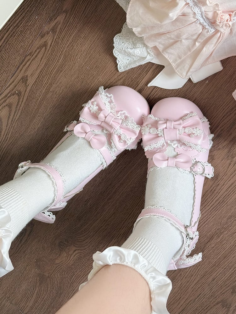 Hem Bow Scalloped Accents Shoes with Low-heel Lolita Pink Sweet