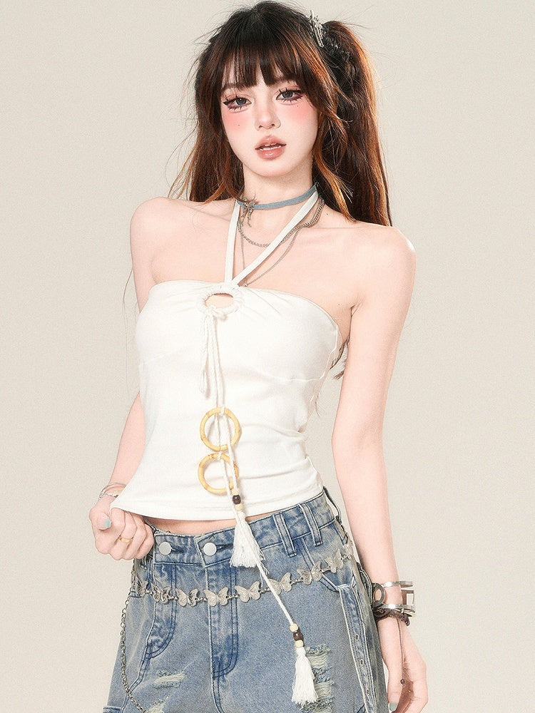 ストラップネックタッセルトップホワイトホルターグラマラス