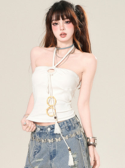 ストラップネックタッセルトップホワイトホルターグラマラス