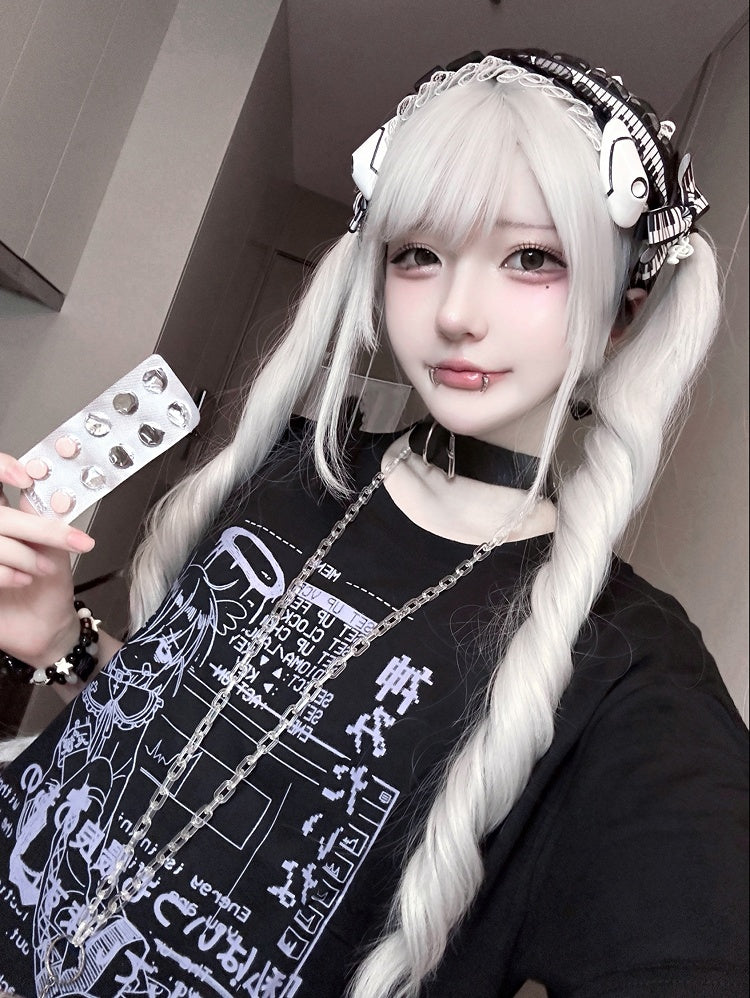 Jirai Schwarz/Weiß Rundhals Cyberpunk T-Shirt Print Kei Angel Baumwolle