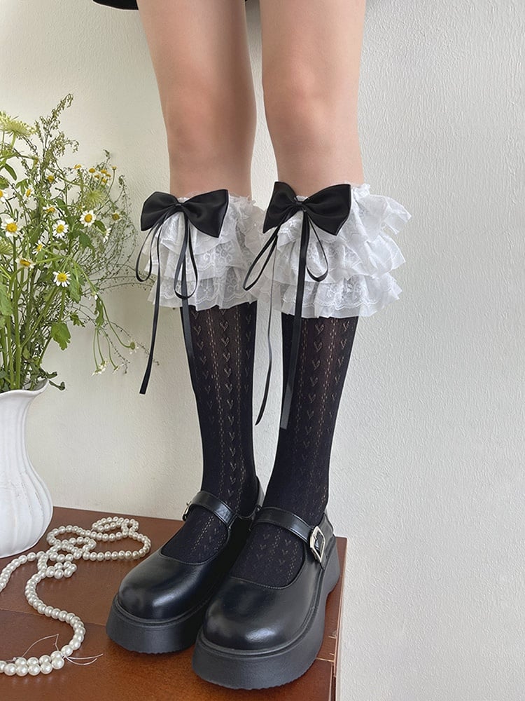 Unterknee-Besatz Strümpfe Herz Bowknot Print Rüschen Spitze Weiß/Schwarz