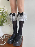 Unterknee-Besatz Strümpfe Herz Bowknot Print Rüschen Spitze Weiß/Schwarz
