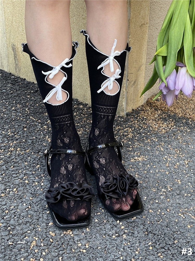5 Options Bowknot Design Cut-Out Color Calf Details Socks