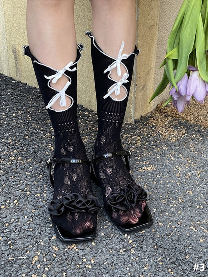 5 Options Bowknot Design Cut-Out Color Calf Details Socks