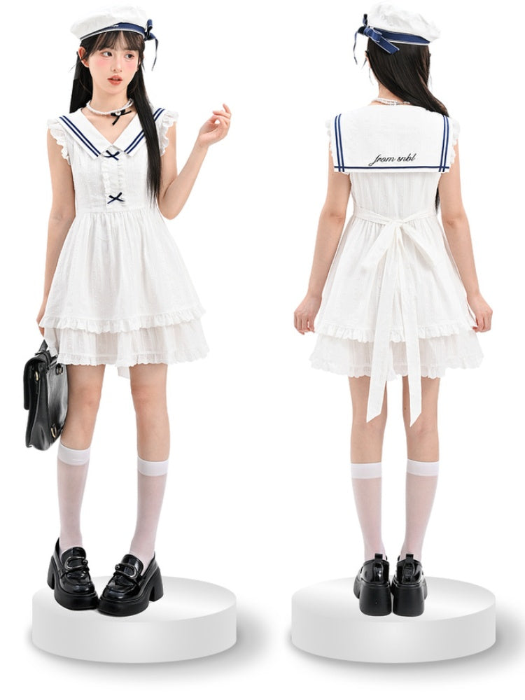 Ärmelloses Kleid mit Stufenrock und Kontrastweiß, Matrosenkragen, Flatterärmel, Blau