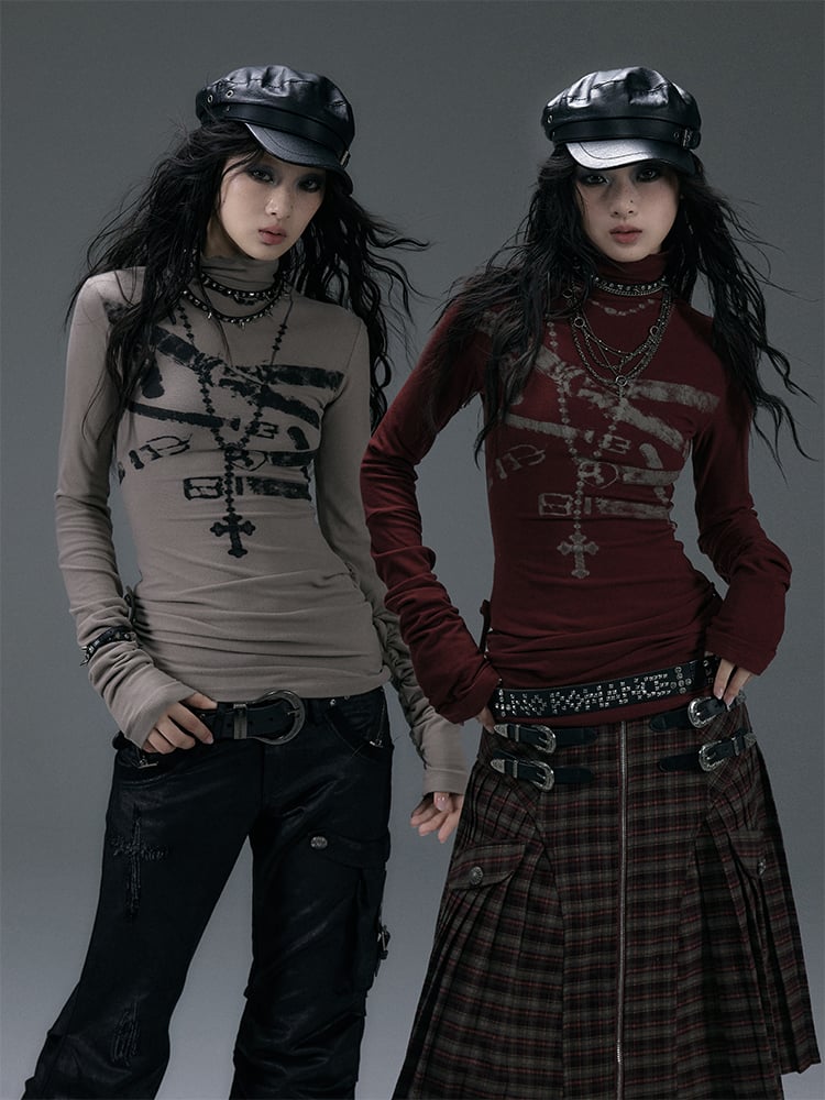 Khaki/Dunkelrotes Wendbares Top mit hohem Kragen