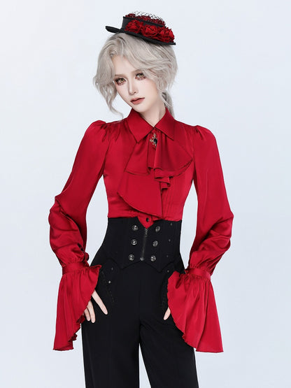 Red Pleated Shirt with Foldover Collar, Ruffle Cuffs, and Jabot Tie - DevilInspired Exclusive Collection