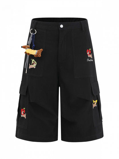 Black Cropped Cargo Shorts with Puppy Embroidery - Languid Park