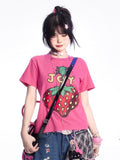 Vintage T-Shirt Rose Rot Rundhals Erdbeerdruck