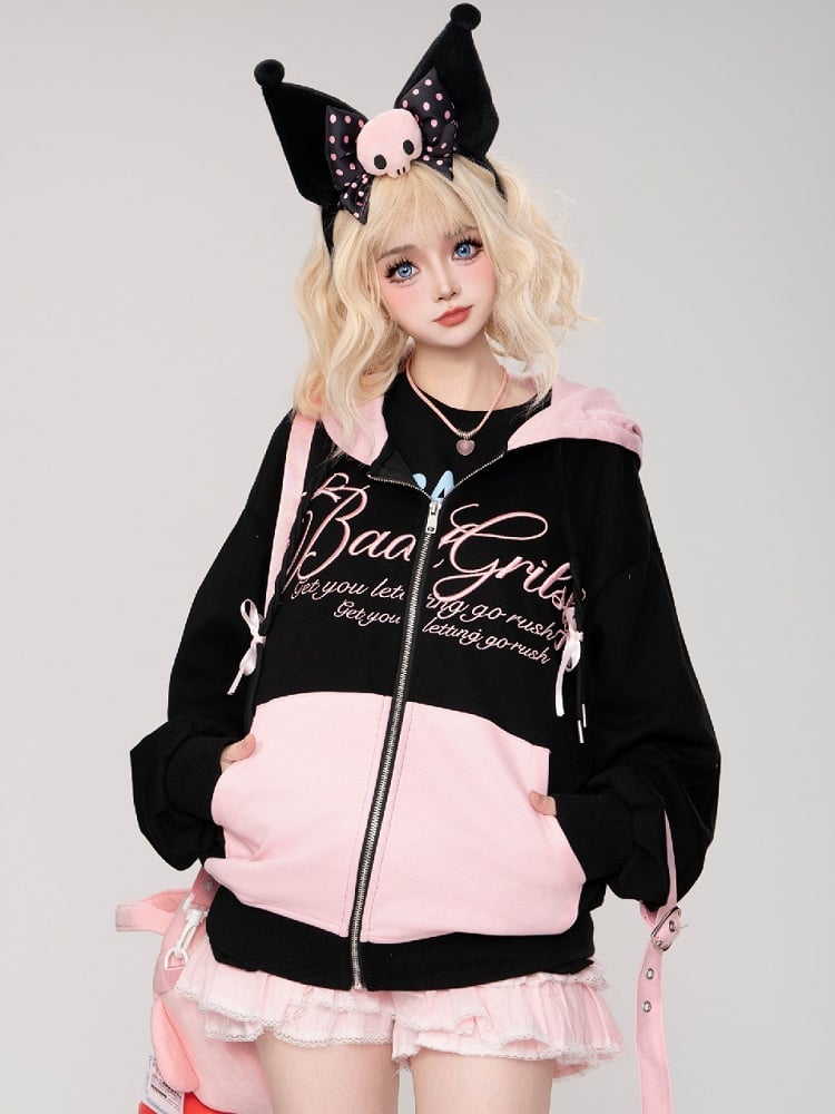 Black/Pink Letter Embroidery Colorblock Zip Hoodie
