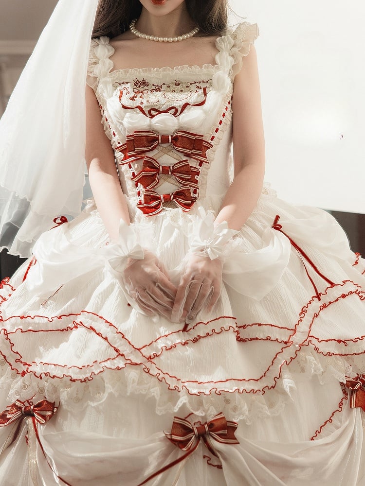 Cake Dress Lolita Embroidered Red White Cherry Hime with Bows Ruffled Multi-Layered