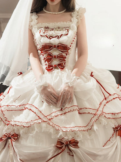 Cake Dress Lolita Embroidered Red White Cherry Hime with Bows Ruffled Multi-Layered