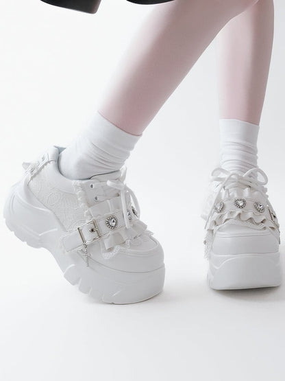 Lacing Crystal Kei Heart Back Jirai Shoes - Platform White