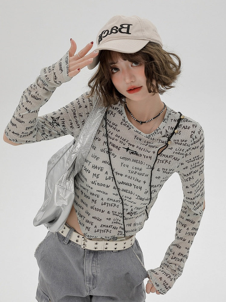 Gray Asymmetrical Design Long Sleeve Letter Printed T-Shirt - Girlyhalo