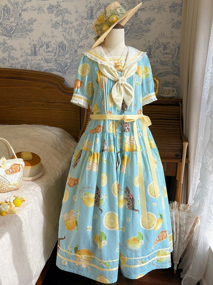 Blue Sailor Collar Floral Print High Waist Dress with Cat Motif - Cutey Mask