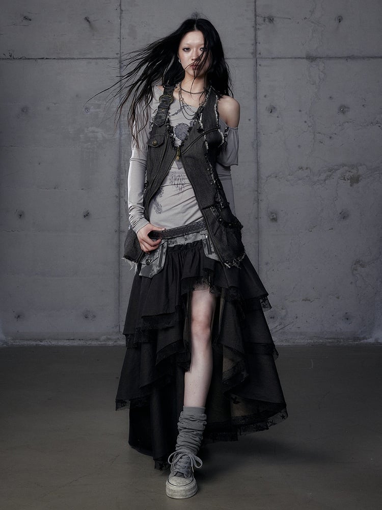 Dark Tiered Aesthetic Blackish-Green with Leather Punk Skirt