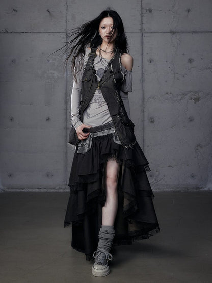 Dark Tiered Aesthetic Blackish-Green with Leather Punk Skirt