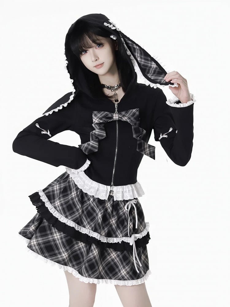 Schnürung, Spitzenbesatz, Hasenohren, weiß/schwarzes Design, Kapuze, Reißverschluss, Kapuzenärmel, abnehmbar