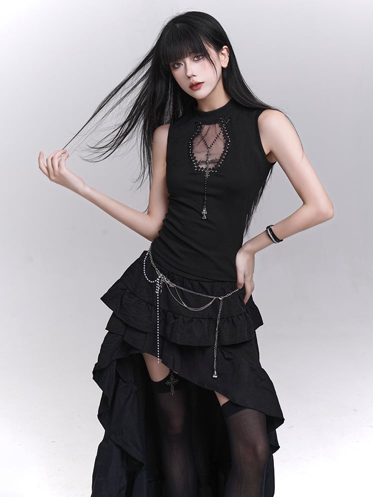 ネックレス タンクトップ クロス 棺型 カットアウト ブラック スタッズ付き フリー
