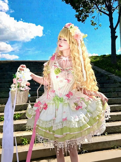 Sweet Lolita JSK Set with Floral Crown and Detachable Sleeves - Sweetheart Macaron Lolita