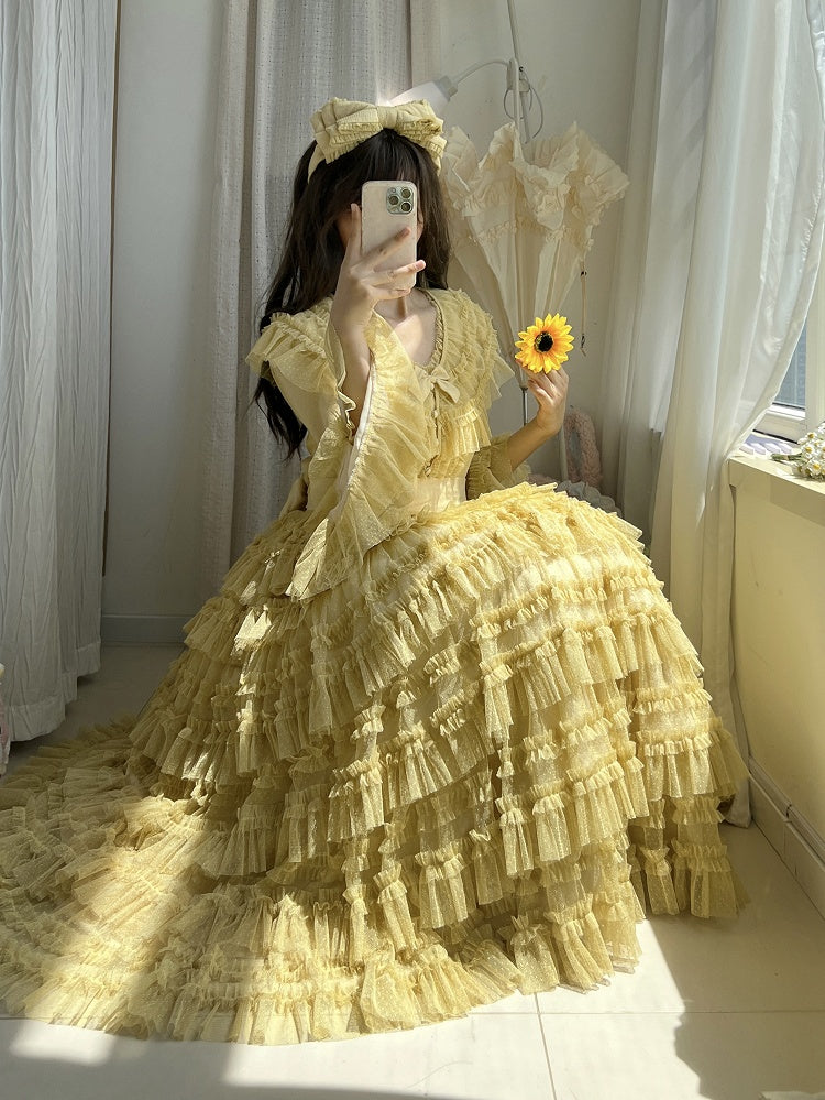 Blouse Sleeves Elegant - Bell Dotted Vest Mesh Waist Multi-layered Classic Yellow Tulle Cotton Set Belt + Lolita Skirt