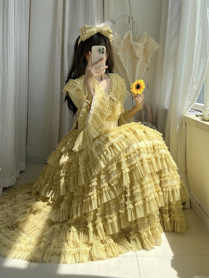 Blouse Sleeves Elegant - Bell Dotted Vest Mesh Waist Multi-layered Classic Yellow Tulle Cotton Set Belt + Lolita Skirt