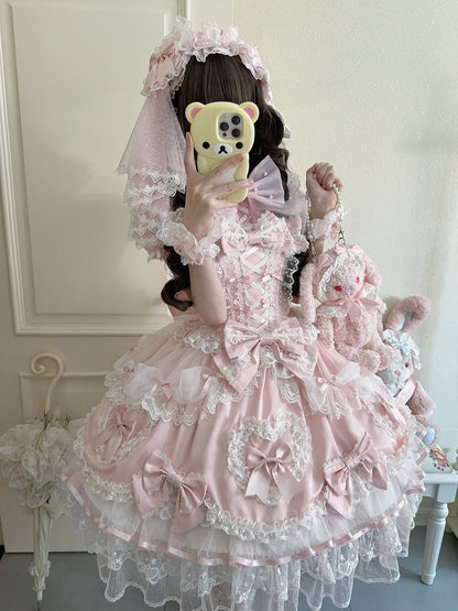 with Bow / Lace Cute Princess Full JSK Veil + Dress Lolita Big Pink Heart Doll-Style Details Set Train