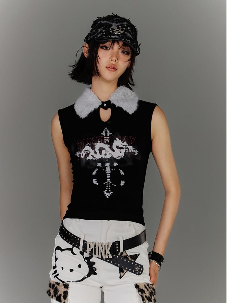 Y2K Schwarzes Plüschkragen-Druckknopf-Ausschnitt-Schlüsselloch-Grafik-Glamouröses Tanktop