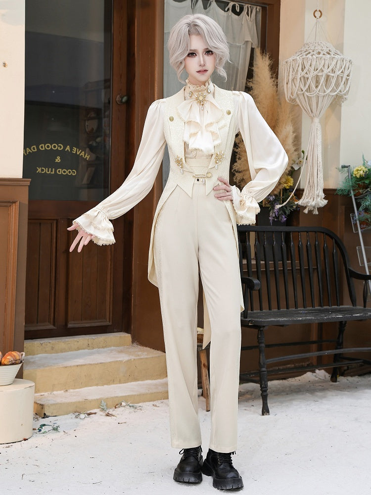 Ivory High-Waisted Pants with Jacquard Fabric Panels - DevilInspired Exclusive Collection