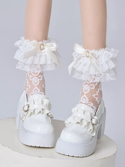 Decoration Lace Bowknot White/Black with and Trim Calf Lolita Socks