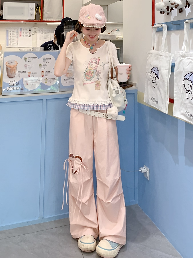 Blue/Pink Heart-shaped Cutout Wide-leg Pants Drawstring Waist