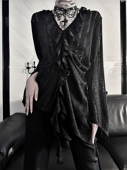 Gothic Noir V-Neck Blouse with Sheer Cutouts & Frilled Cuffs - Aont