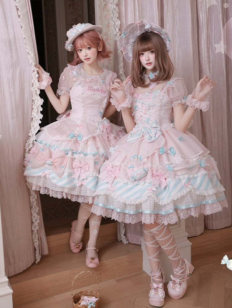 Pink & Blue Sheer Sleeves Tiered Sweet Lolita OP Dress with Bow and Candy Accents - Meng Fu Zi