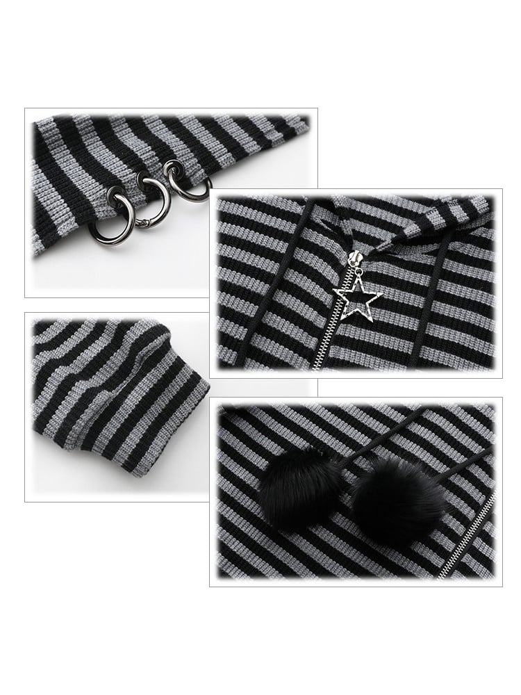 Plus Black Size Drawstrings Pompon Jacket Hoodie Stripes with Bunny Gray