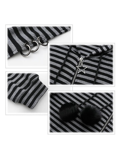Plus Black Size Drawstrings Pompon Jacket Hoodie Stripes with Bunny Gray