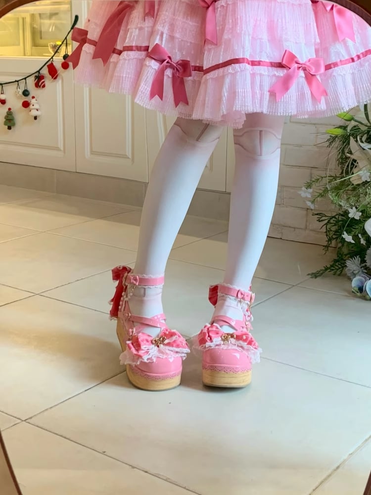Dark Pink Removable Organza Bow Accents Hanayome Lolita Platform Shoes