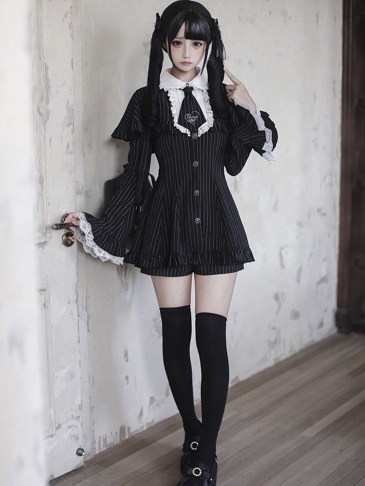 Embroidered Detachable Sleeves Black Bell with Ensemble Tie - Mini Dress Cape Shorts Kei Striped Jirai
