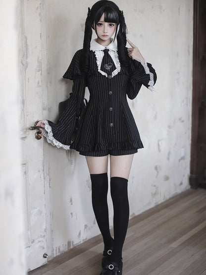 Embroidered Detachable Sleeves Black Bell with Ensemble Tie - Mini Dress Cape Shorts Kei Striped Jirai