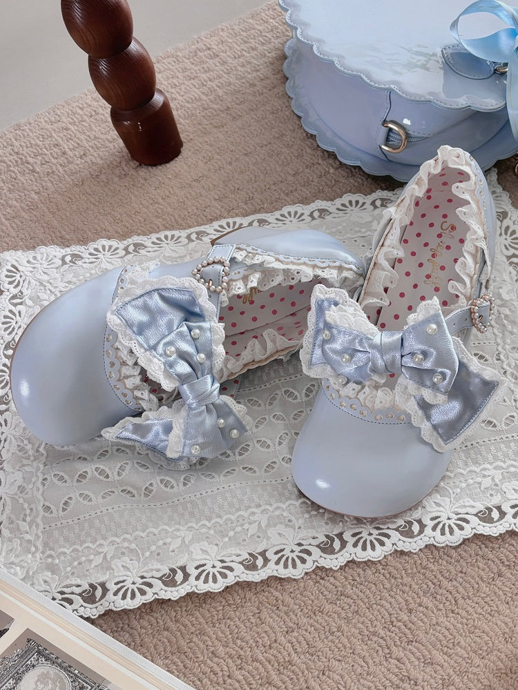 Blue Sweet Trim Mary Mid-Heel Lolita with - Style Lace Party Janes Tea